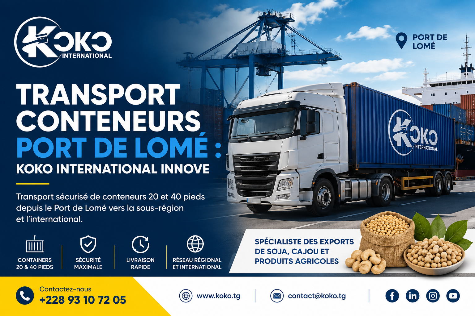Camion poids lourd de Koko International transportant un conteneur de 20 ou 40 pieds au Port de Lomé pour l'export de soja, de cajou et de produits agricoles en Afrique de l'Ouest.