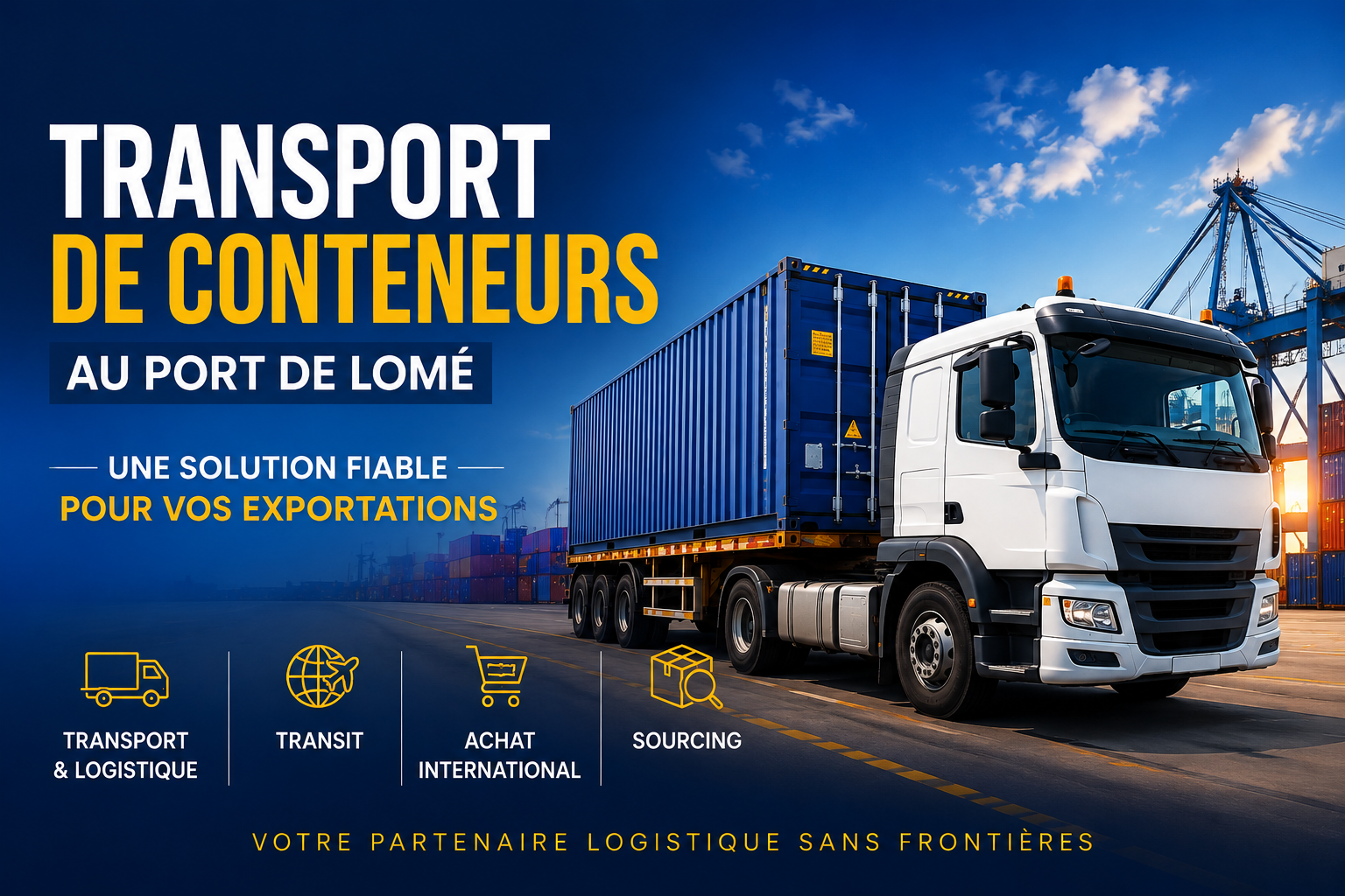 Camion poids lourd de Koko International transportant un conteneur de 20 ou 40 pieds au Port de Lomé pour l'export de soja, de cajou et de produits agricoles en Afrique de l'Ouest.